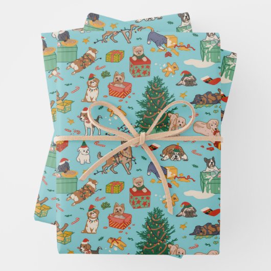 Funny Dogs Weihnachtswrapping Paper - Blau Geschenkpapier Set (Beispiel)