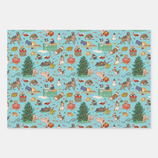 Funny Dogs Weihnachtswrapping Paper - Blau Geschenkpapier Set (Vorderseite)