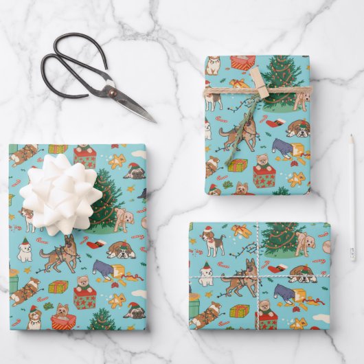 Funny Dogs Weihnachtswrapping Paper - Blau Geschenkpapier Set (Vorderseite)