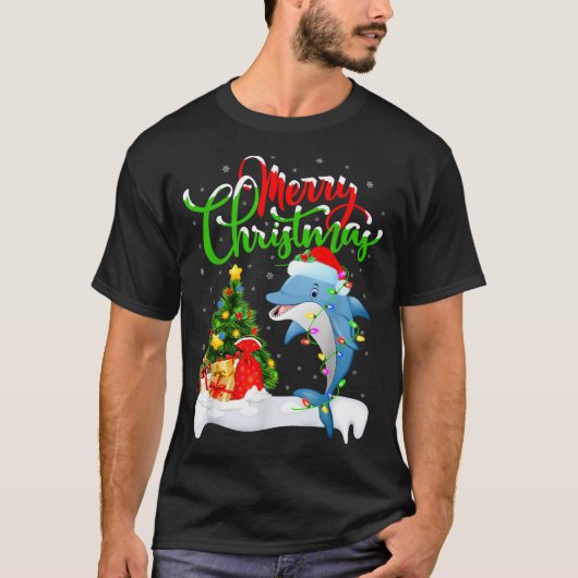 Funny Dolphin Fish Lover Xmas Lighting Dolphin Chr T-Shirt (Vorderseite)