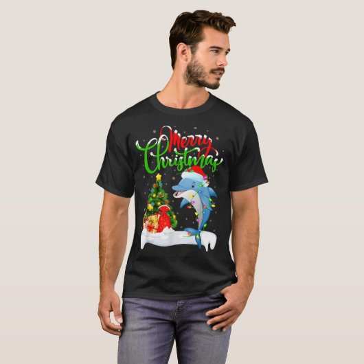 Funny Dolphin Fish Lover Xmas Lighting Dolphin Chr T-Shirt (Vorne ganz)