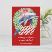 Funny Dolphin Wreath Freude Weihnachtskarte Feiertagskarte (Stehend Vorderseite)