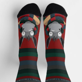 Funny Donkey Cartoon with Festive Stripes on Red Socken