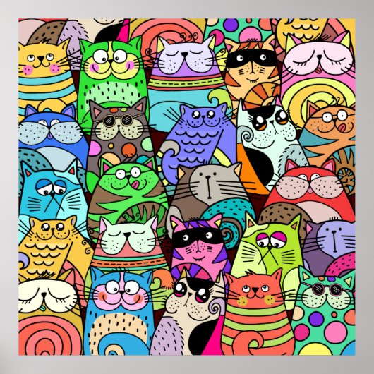 Funny Doodle Crowded Street Cat Gang Poster (Vorne)