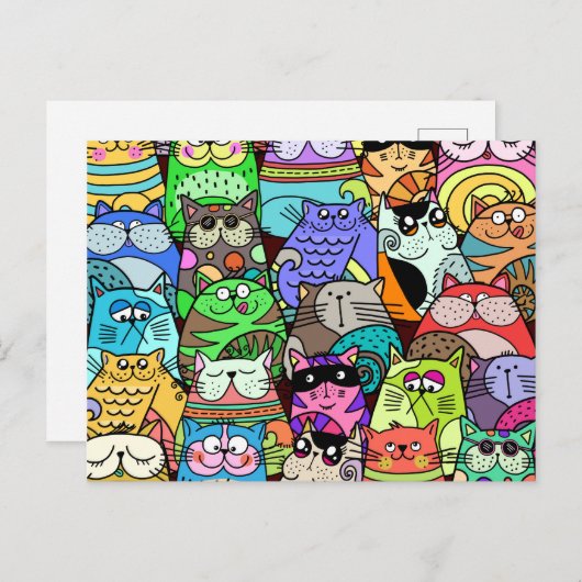 Funny Doodle Crowded Street Cat Gang Postkarte (Vorne/Hinten)