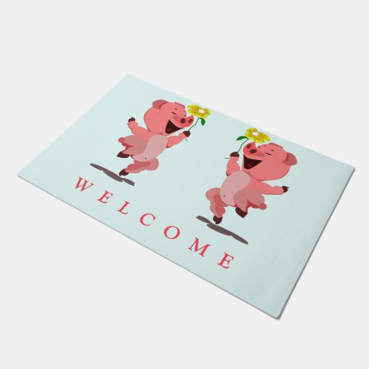 Funny Doormat mit Happy Pig - Willkommen Fußmatte (Schrägansicht)
