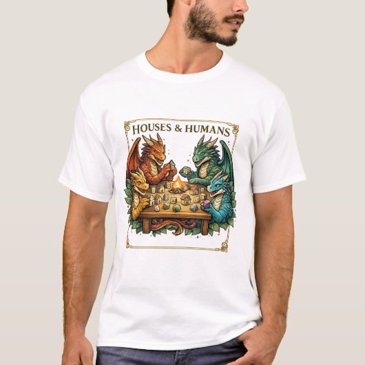 Funny Dragon Houses and Humans Fantasy Art T-Shirt (Vorderseite)