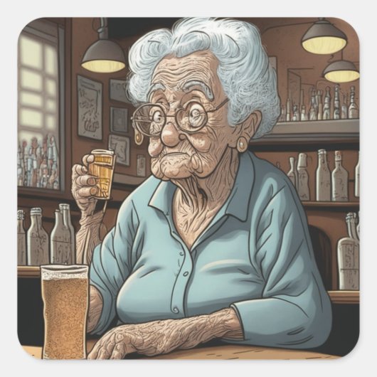 Funny Drink Spaß Old Lady mit Bier und Shot Quadratischer Aufkleber (Vorderseite)