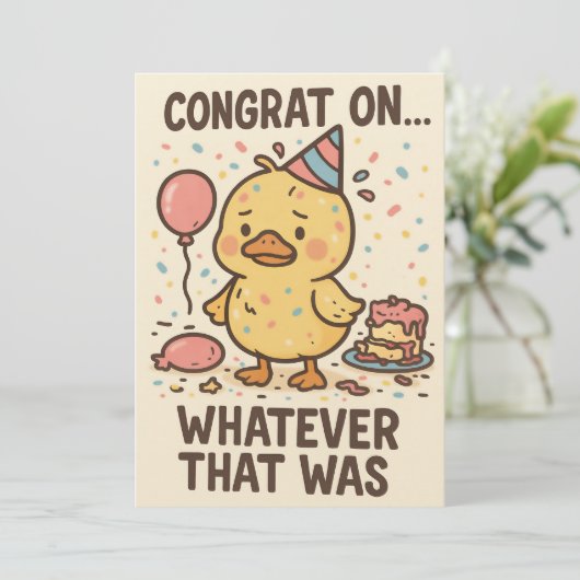 Funny Duck Party Greeting Card - Congrats On... Dankeskarte (Stehend Vorderseite)