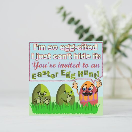 Funny Eggted Ostereier Hunt Party Einladung (Stehend Vorderseite)
