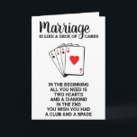 Funny Ehe ist wie ein Kartenspiel-Jubiläum Karte<br><div class="desc">Funny Ehe ist wie ein Haufen Karten ~ Am Anfang alles, was du brauchst, ist zwei Herz und ein Diamant, am Ende wünschst du dir einen Club und eine Tasse! Fügen Sie einen kleinen Spaß hinzu und geben Sie eine lustige Hochzeitskarte oder Jubiläumsgrußkarte mit diesem Spielkarten-Ehe-Witz. Personalisieren Sie die Innenseite...</div>