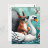 Funny Eichhörnchen auf einem aufblasbaren Schwan Postkarte (Vorne/Hinten)