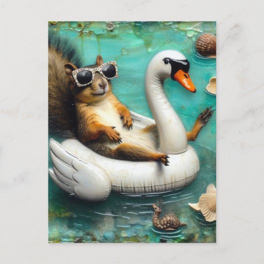 Funny Eichhörnchen auf einem Schwan Postkarte (Vorderseite)