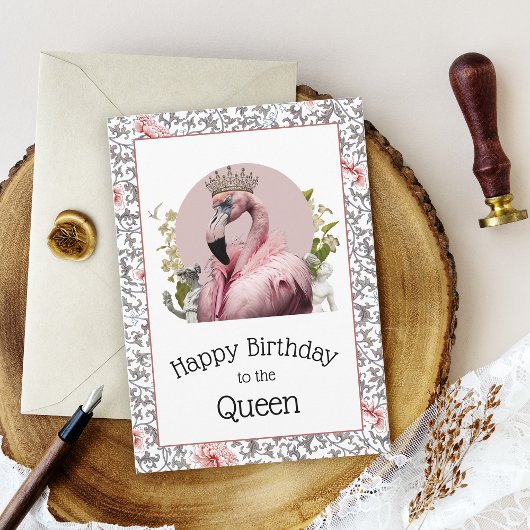 Funny Elegant Birthday Queen Pink Flamingo Karte