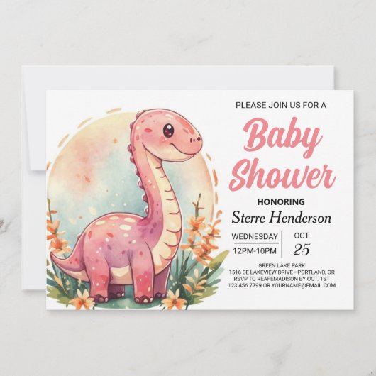 Funny Elegant Pink Dinosaur Girl Baby Shower Einladung (Vorderseite)
