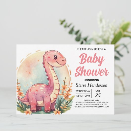 Funny Elegant Pink Dinosaur Girl Baby Shower Einladung (Stehend Vorderseite)