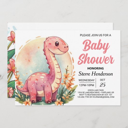 Funny Elegant Pink Dinosaur Girl Baby Shower Einladung (Vorne/Hinten)