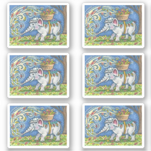 FUNNY ELEPHANT BLOWING AUTUMN LÄSST IN BASKET AUFKLEBER (Vorderseite)