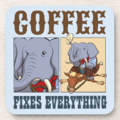 Funny Elephant Coffee behebt alles Cartoon Getränkeuntersetzer (Vorderseite)
