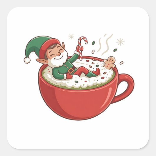 Funny Elf Bathub auf Matcha Drink Quadratischer Aufkleber (Vorderseite)