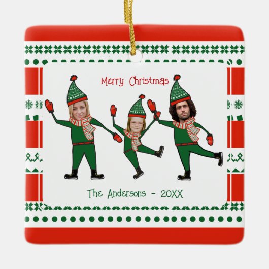 Funny Elf Familie Foto Red Green Frohe Weihnachten Keramikornament (Vorderseite)