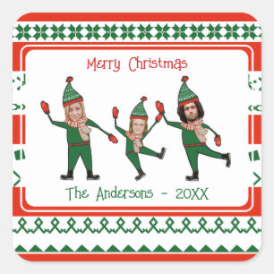 Funny Elf Familie Foto Red Green Frohe Weihnachten Quadratischer Aufkleber