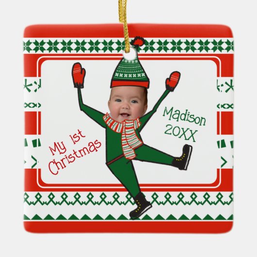 Funny Elf Mein erstes Weihnachts Red Green Custom Keramikornament (Vorderseite)