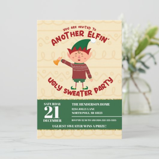 Funny Elfin Weihnachts-Ugly-Sweater-Party Einladung (Stehend Vorderseite)