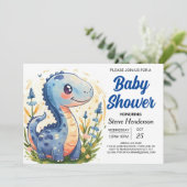 Funny Enchanted Blue Dinosaur Boy Baby Shower Einladung (Stehend Vorderseite)