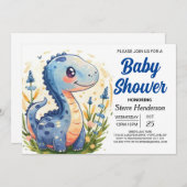 Funny Enchanted Blue Dinosaur Boy Baby Shower Einladung (Vorne/Hinten)