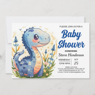 Funny Enchanted Blue Dinosaur Boy Baby Shower Einladung