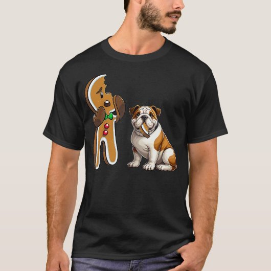 Funny English Bulldog Dog Biting Gingerbread Merry T-Shirt (Vorderseite)