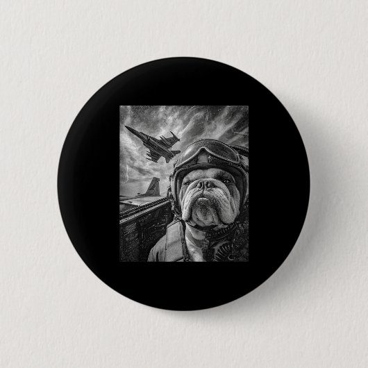 Funny English Bulldog Selfie Fighter Jet Lot Aviat Button (Vorderseite)