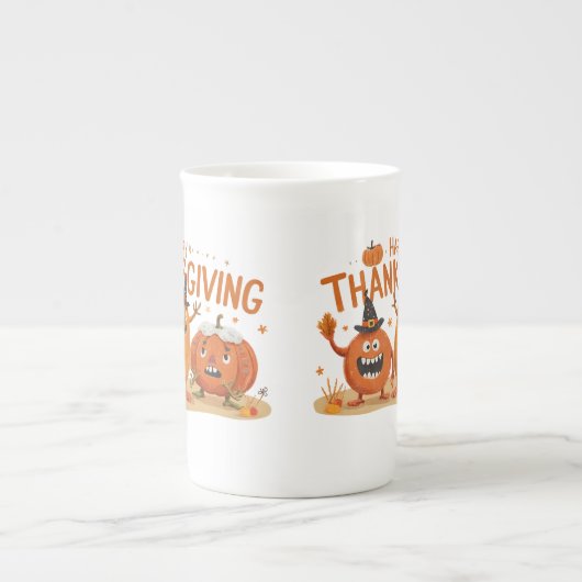 Funny Erntedank Pumpkins in Hexenhats Cartoon Porzellantasse (Vorderseite)