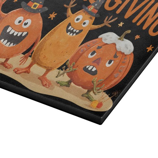 Funny Erntedank Pumpkins in Hexenhats Cartoon Schneidebrett (Ecke)