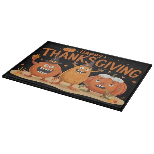 Funny Erntedank Pumpkins in Hexenhats Cartoon Schneidebrett (Ecke)