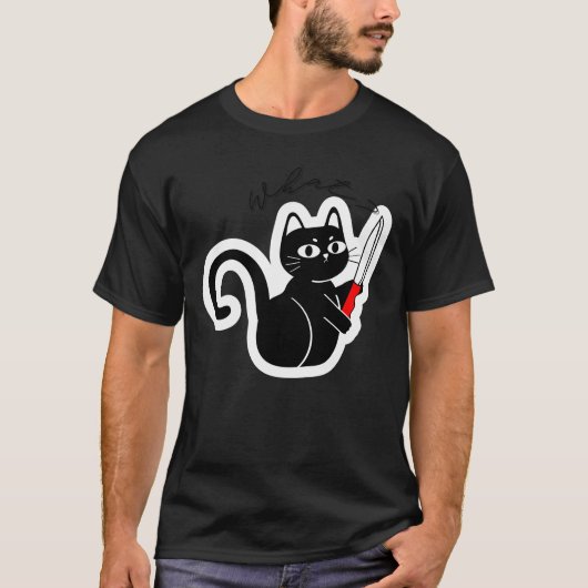 Funny Evil Cat with Knife – Dark Humor Design T-Shirt (Vorderseite)