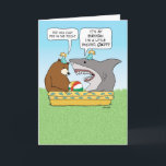 Funny Excited Shark Birthday Karte<br><div class="desc">This funny birthday card feature a bear who is calling out his shark friend for peeing in the pool. Ol' Sharky got a little too excited. Thanks for choosing this original design by © Chuck Ingwersen. I post cartoons every day on Instagram: https://www.instagram.com/captainscratchy</div>