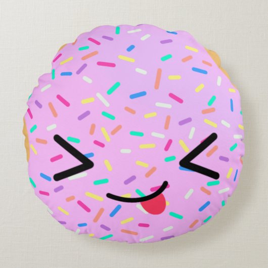 Funny Face Pink Donut Round Throw Kissen (Vorderseite)