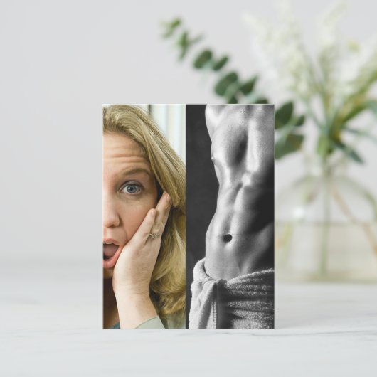 Funny Face Woman und Hunk Typ Abs Template Postkarte (Stehend Vorderseite)