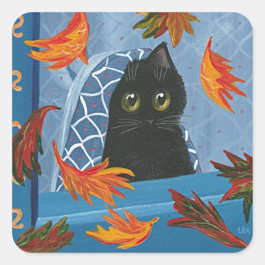 Funny Fall Black Cat Creationarts Quadratischer Aufkleber (Vorderseite)