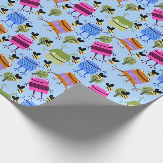 Funny farbenfrohe Frösche und Hummeln Geschenkpapier (Ecke)