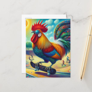Funny farbig Surreal Skateboarding Rooster Postkarte