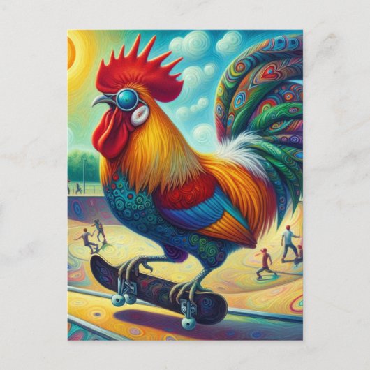 Funny farbig Surreal Skateboarding Rooster Postkarte (Vorderseite)