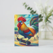 Funny farbig Surreal Skateboarding Rooster Postkarte (Stehend Vorderseite)