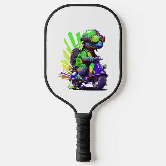 Funny farbige Schildkröte auf einem Scooter Pickleball Schläger (Vorderseite)