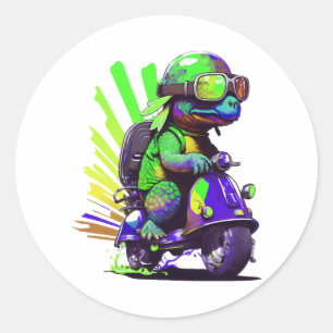 Funny farbige Schildkröte auf einem Scooter Runder Aufkleber