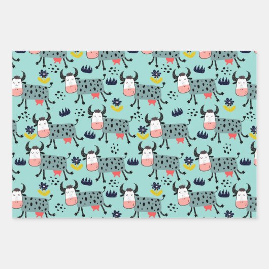 Funny Farm Cows Wrapping Paper Set von 3 Geschenkpapier Set (Vorderseite)