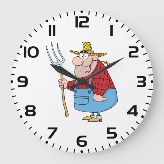Funny Farmer Pitchfork Overalls and Straw Hat Große Wanduhr (Vorderseite)