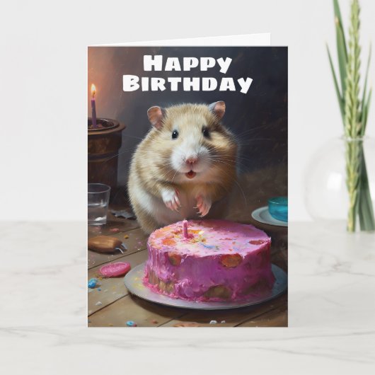 Funny Fat Hamster und Candle Cake - Happy Birthday Karte (Vorderseite)